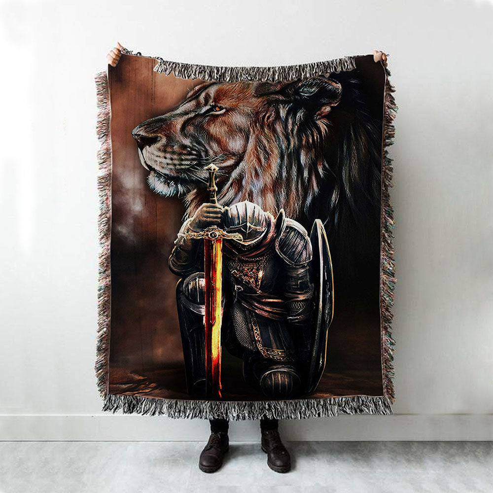 Lion &amp; Prayer Warrior Woven Throw Blanket - Christian Wall Woven Blanket - Religious Woven Blanket Prints