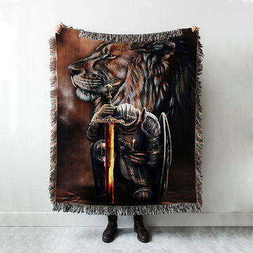 Lion &amp; Prayer Warrior Woven Throw Blanket - Christian Wall Woven Blanket - Religious Woven Blanket Prints