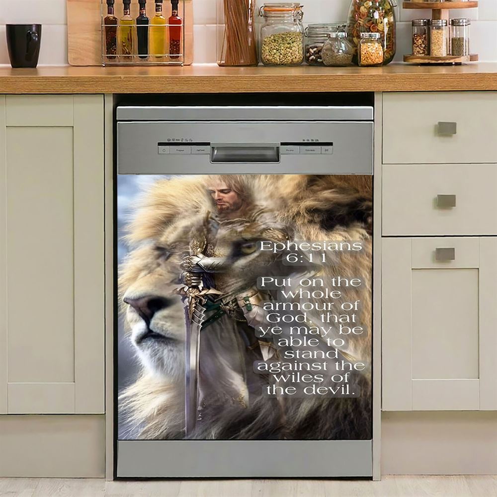 Lion Put On The Armor Of God Dishwasher Cover, Lion Dishwasher Wrap, Christian Inspirational Kitchen Decoration
