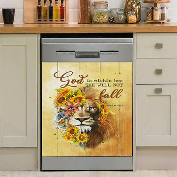 Lion Sunflower God Is Within Her She Will Not Fall Dishwasher Cover, Christian Dishwasher Wrap, Bible Verse Kitchen Decoration