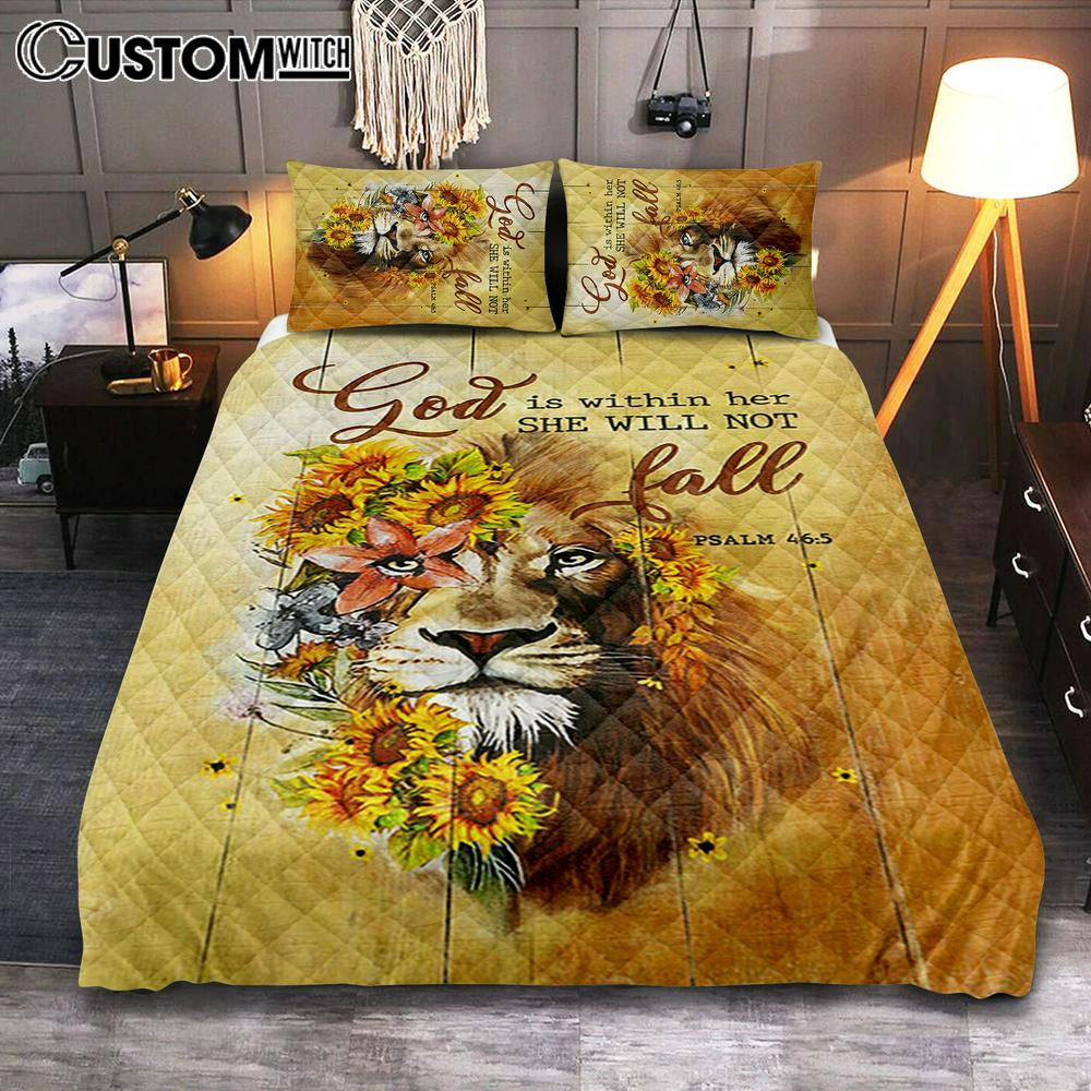 Lion Sunflower God Is Within Her She Will Not Fall Quilt Bedding Set Bedroom - Christian Quilt Bedding Set Prints - Bible Verse Quilt Bedding Set Art