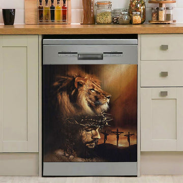Lion The Face Of Jesus Crown Of Thorn Jesus Painting Dishwasher Cover, Christian Dishwasher Wrap, Bible Verse Kitchen Decoration