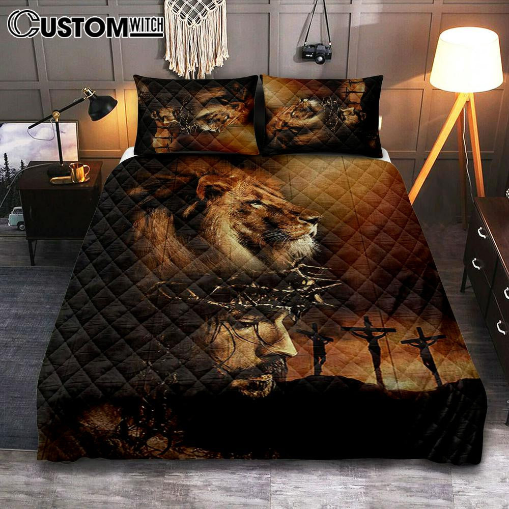 Lion The Face Of Jesus Crown Of Thorn Jesus Painting Quilt Bedding Set Art - Christian Art - Bible Verse Bedroom - Religious Home Decor
