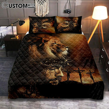 Lion The Face Of Jesus Crown Of Thorn Jesus Painting Quilt Bedding Set Art - Christian Art - Bible Verse Bedroom - Religious Home Decor