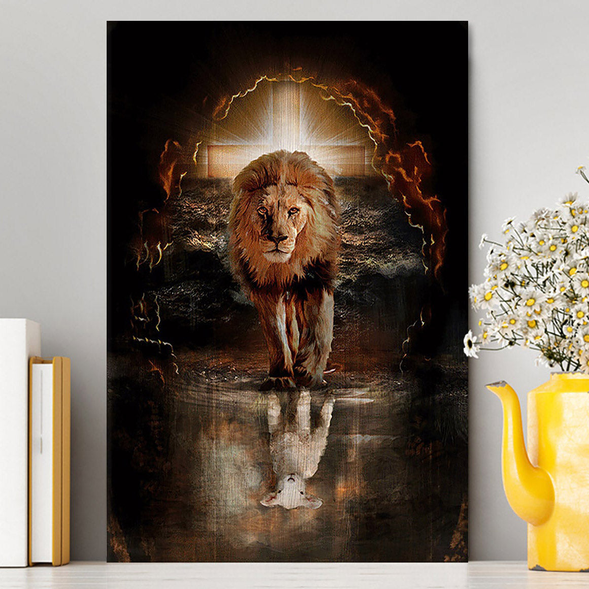 Lion White Lamb Cross On Tomb Canvas - Christian Wall Art - Religious Home Decor
