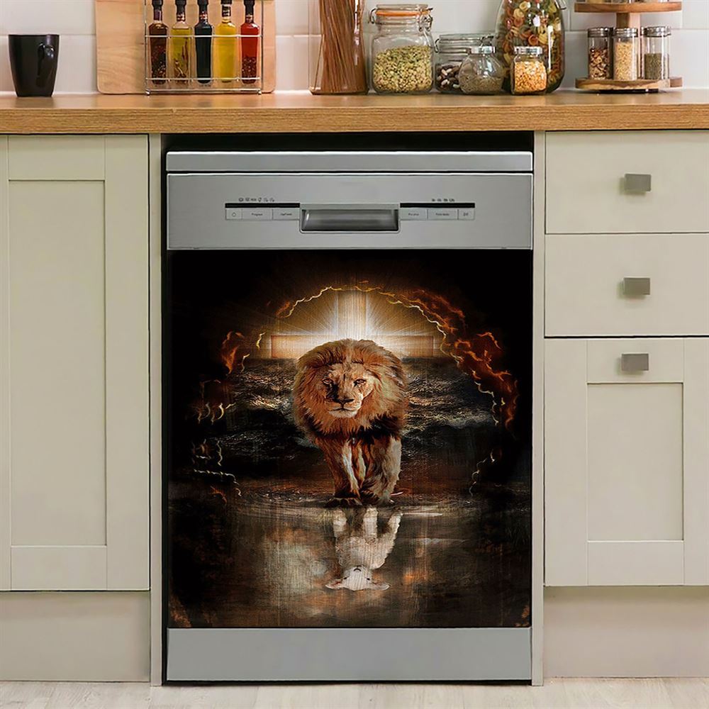 Lion White Lamb Cross On Tomb Dishwasher Cover, Christian Dishwasher Wrap, Religious Kitchen Decoration