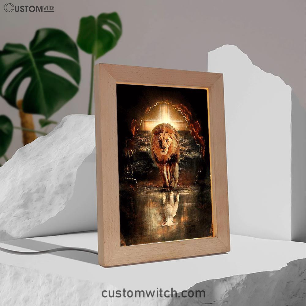 Lion White Lamb Cross On Tomb Frame Lamp - Christian Art - Religious Home Decor