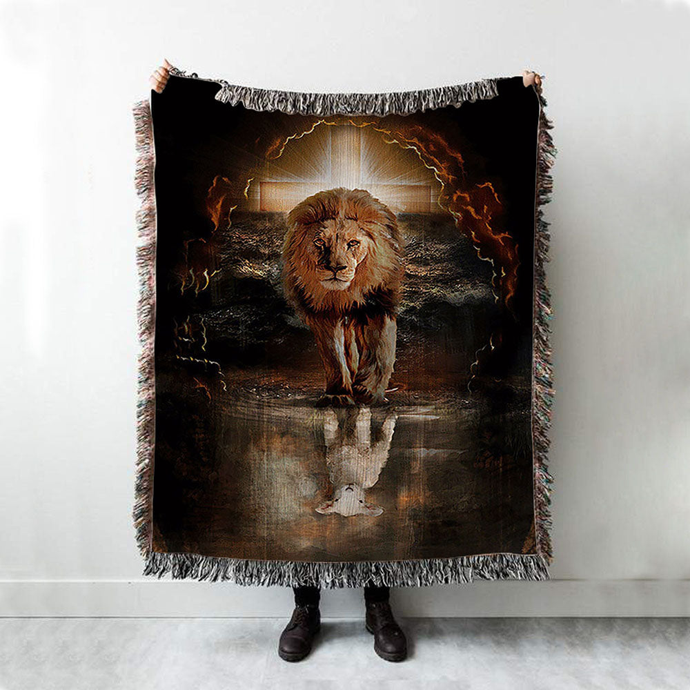 Lion White Lamb Cross On Tomb Woven Blanket - Christian Throw Blanket - Religious Home Decor