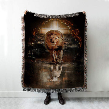 Lion White Lamb Cross On Tomb Woven Blanket - Christian Throw Blanket - Religious Home Decor