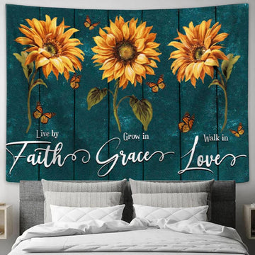 Live By Faith Grow In Grace Walk In Love Tapestry Wall Art - Sunflowers - Christian Wall Decor