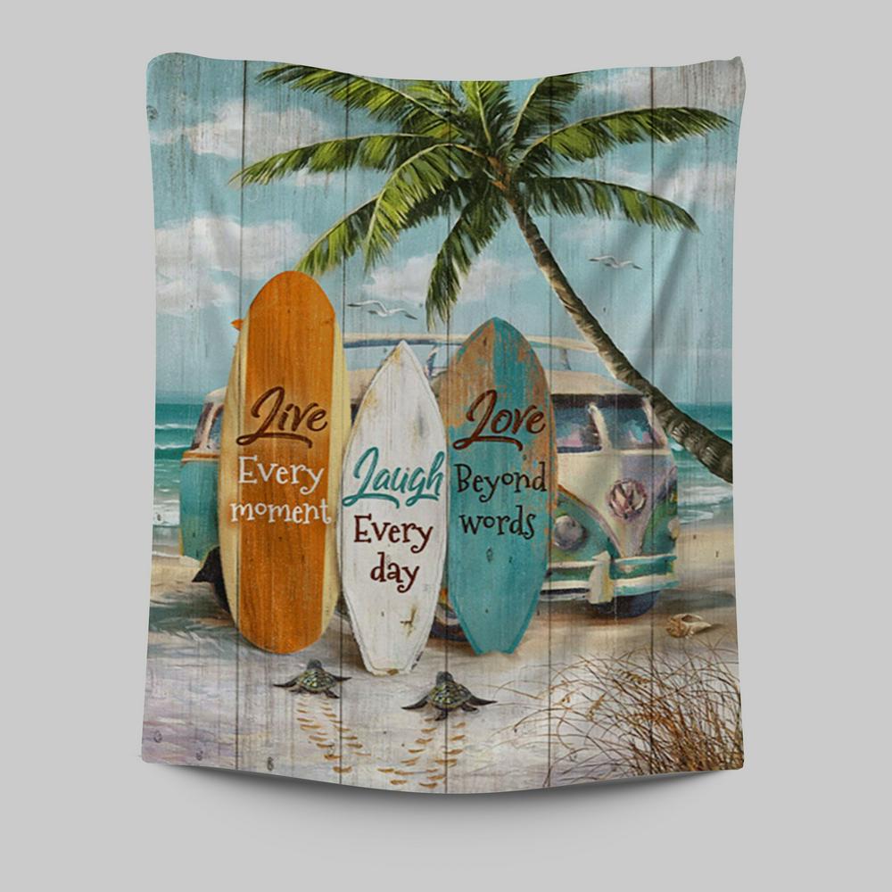 Live Every Moment Beach Little Sea Turtle Surfboard Tapestry Wall Art - Christian Tapestries Prints - Bible Verse Tapestry Art