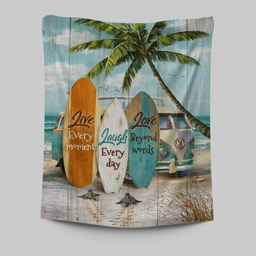 Live Every Moment Beach Little Sea Turtle Surfboard Tapestry Wall Art - Christian Tapestries Prints - Bible Verse Tapestry Art