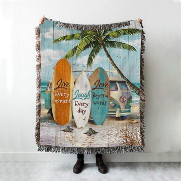 Live Every Moment Beach Little Sea Turtle Surfboard Woven Throw Blanket - Christian Woven Blanket Prints - Bible Verse Woven Blanket Art