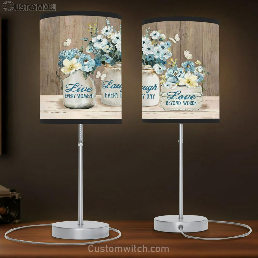 Live Every Moment Laugh Every Day Pastel Flower Blue Butterfly Table Lamp Art - Christian Lamp Gift Decor - Bible Verse Table Lamp