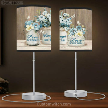 Live Every Moment Laugh Every Day Pastel Flower Blue Butterfly Table Lamp Art - Christian Lamp Gift Decor - Bible Verse Table Lamp