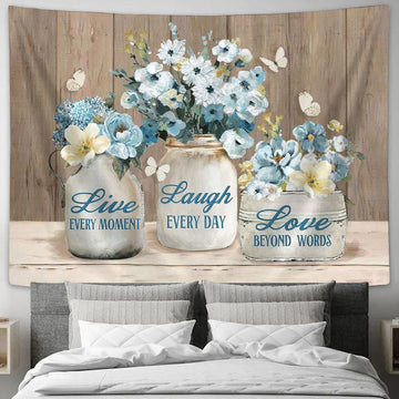 Live Every Moment Laugh Every Day Pastel Flower Blue Butterfly Tapestry Art - Christian Wall Art Decor - Bible Verse Tapestry