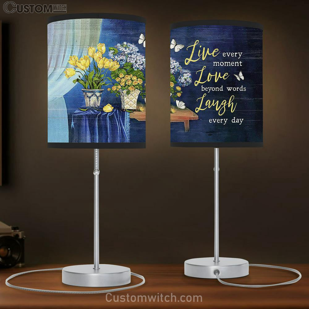 Live Every Moment Love Beyond Words Laugh Every Day Yellow Rose Hydrangea Table Lamp Art - Bible Verse Lamp Gift - Christian Bedroom Decor