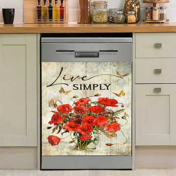 Live Simply Poppy Flower Yellow Butterfly Dishwasher Cover, Inspirational Dishwasher Wrap, Christian Kitchen Decoration