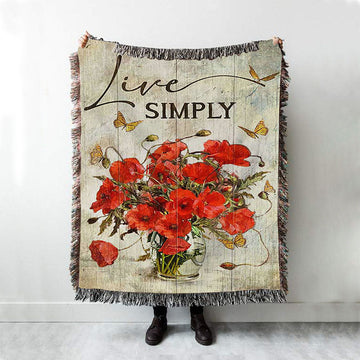 Live Simply Poppy Flower Yellow Butterfly Woven Blanket Print - Inspirational Woven Blanket Art - Christian Throw Blanket Home Decor