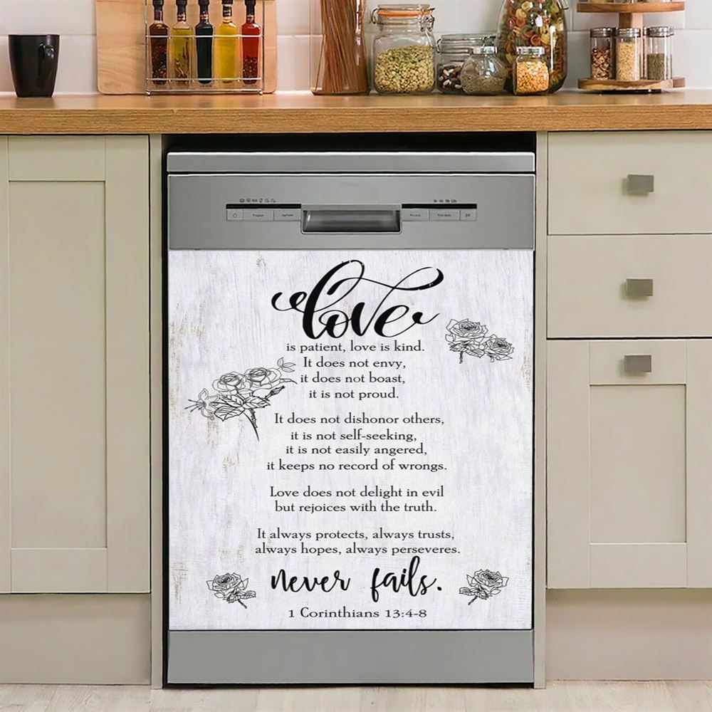 Love Is Patient, Kind, Never Fails, Corinthians 13 4 8 Dishwasher Cover, Christian Dishwasher Wrap