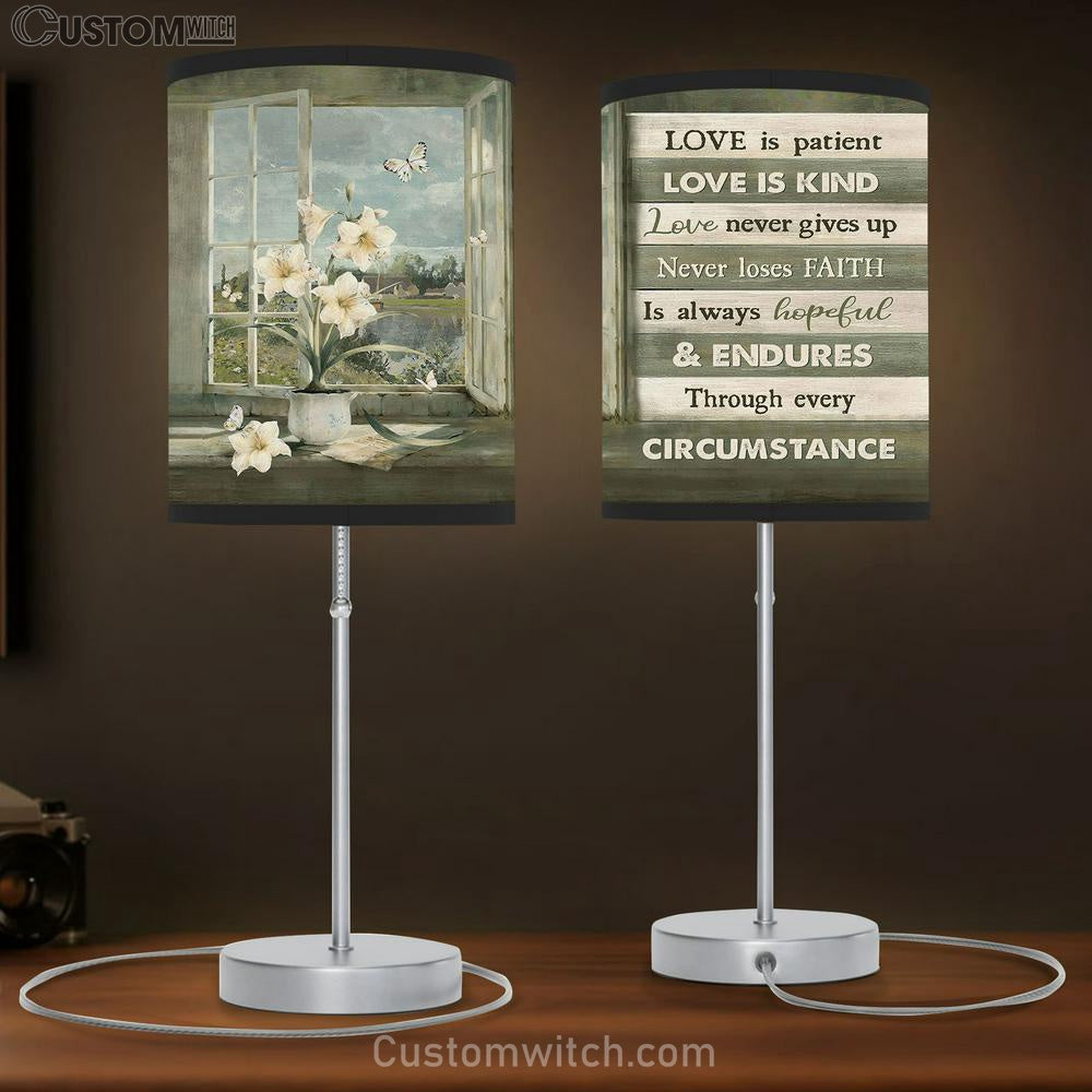 Love Is Patient Love Is Kind White Lily Butterfly Table Lamp Art - Bible Verse Lamp Gift - Christian Bedroom Decor