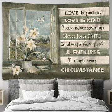 Love Is Patient Love Is Kind White Lily Butterfly Tapestry Art - Bible Verse Wall Art - Wall Decor Christian