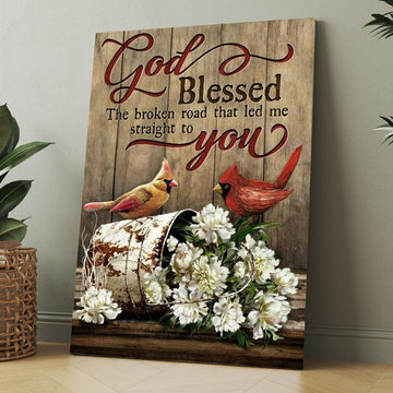 Lovely Cardinal Painting, Gorgeous Peony, God Blessed The Broken Road Canvas, Christmas Gift for Christian