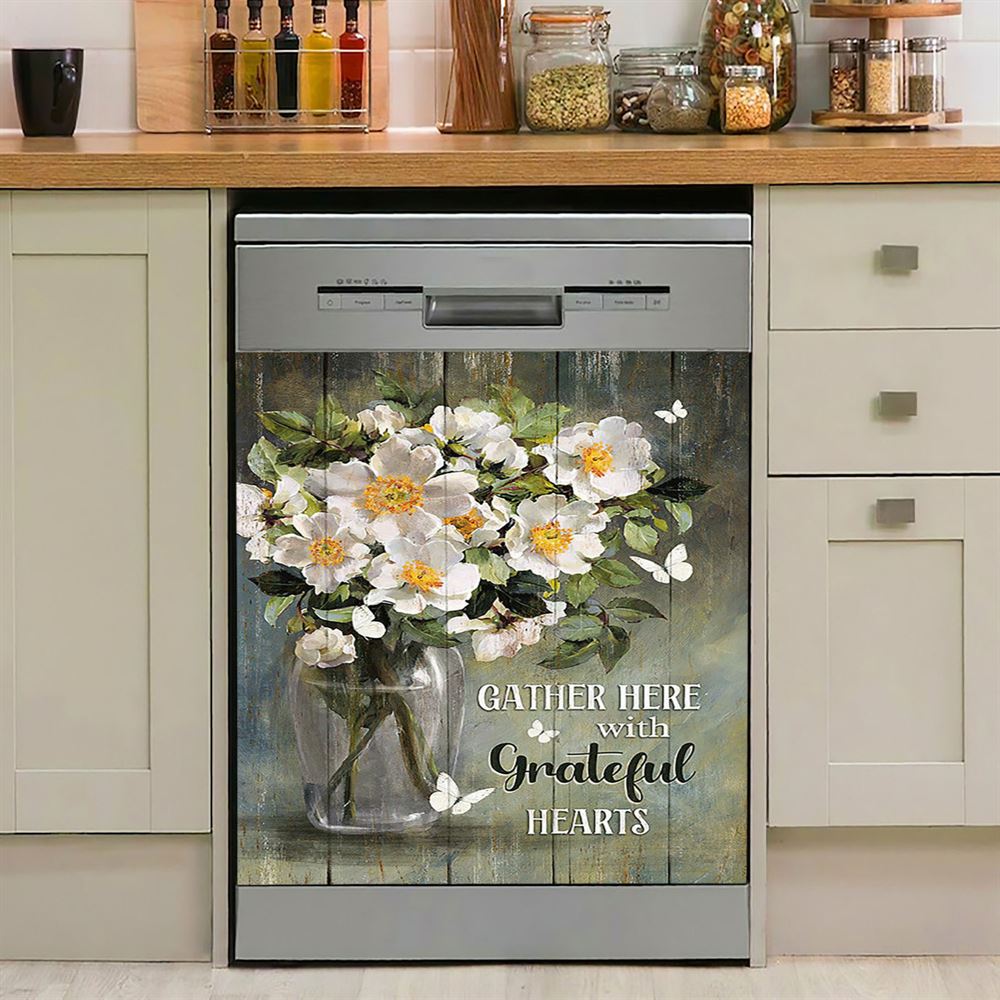Magnolias Flower Gather Here With Grateful Hearts Dishwasher Cover, Christian Dishwasher Wrap, Religious Kitchen Decoration