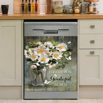 Magnolias Flower Gather Here With Grateful Hearts Dishwasher Cover, Christian Dishwasher Wrap, Religious Kitchen Decoration