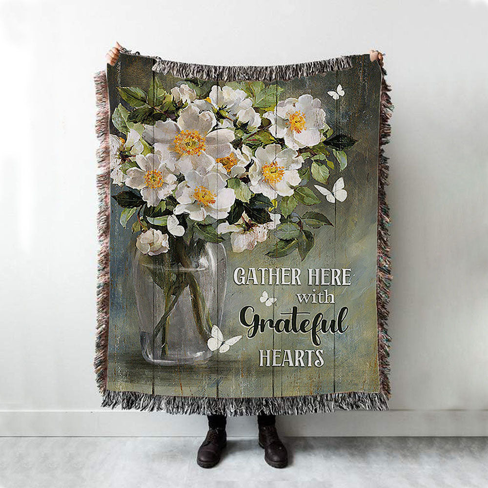 Magnolias Flower Gather Here With Grateful Hearts Woven Blanket - Christian Throw Blanket - Religious Home Decor
