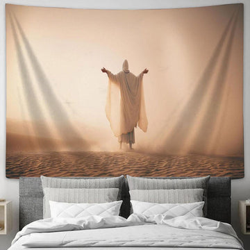 Man Coat Stand Desert Sands During Storm Raising Hands Pray Tapestry Pictures - Faith Art - Christian Tapestry Wall Art Decor