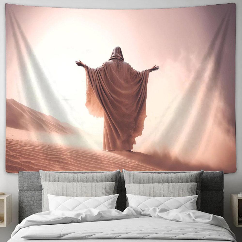 Man Coat Stand Desert Sands During Storm Raising Hands Praying Tapestry Pictures - Faith Art - Christian Tapestry Wall Art Decor