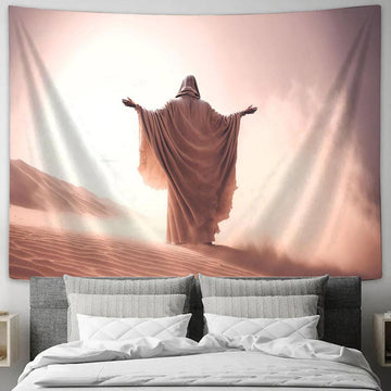 Man Coat Stand Desert Sands During Storm Raising Hands Praying Tapestry Pictures - Faith Art - Christian Tapestry Wall Art Decor