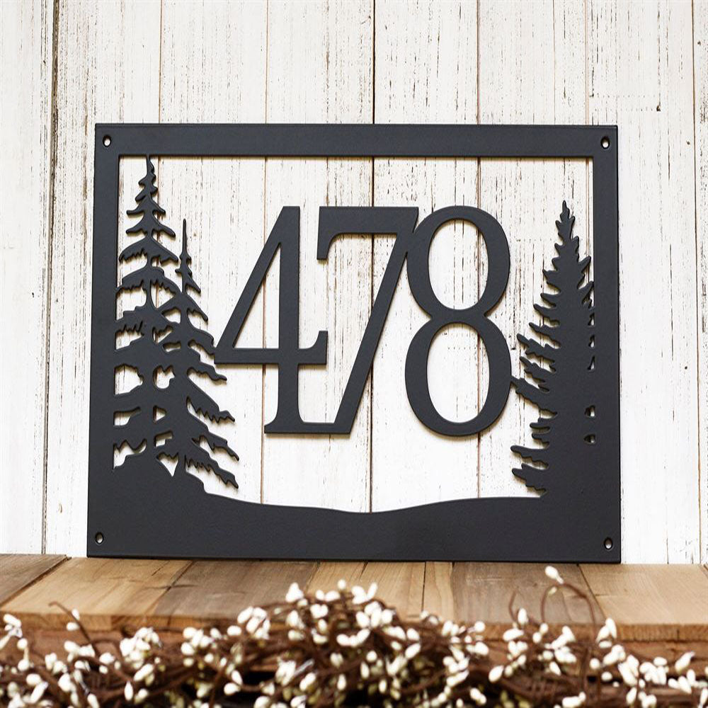 Metal Address Sign, Custom Pine Trees House Number Metal Sign, Digit Black Pine Tree Address Plaque Outdoor Sign House Number