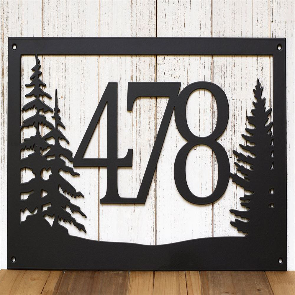 Metal Address Sign, Custom Pine Trees House Number Metal Sign, Digit Black Pine Tree Address Plaque Outdoor Sign House Number