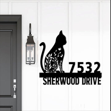 Metal Address Sign, Floral Cat Metal Address Sign, Custom Address Sign, Cat Lover Gift