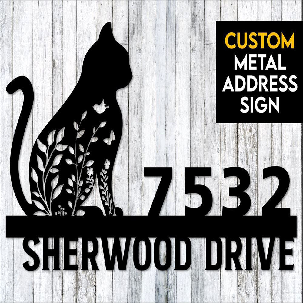 Metal Address Sign, Floral Cat Metal Address Sign, Custom Address Sign, Cat Lover Gift