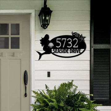 Metal Address Sign, Mermaid And The Sea Custom Metal Address Sign, Custom Address Sign, 14g Steel