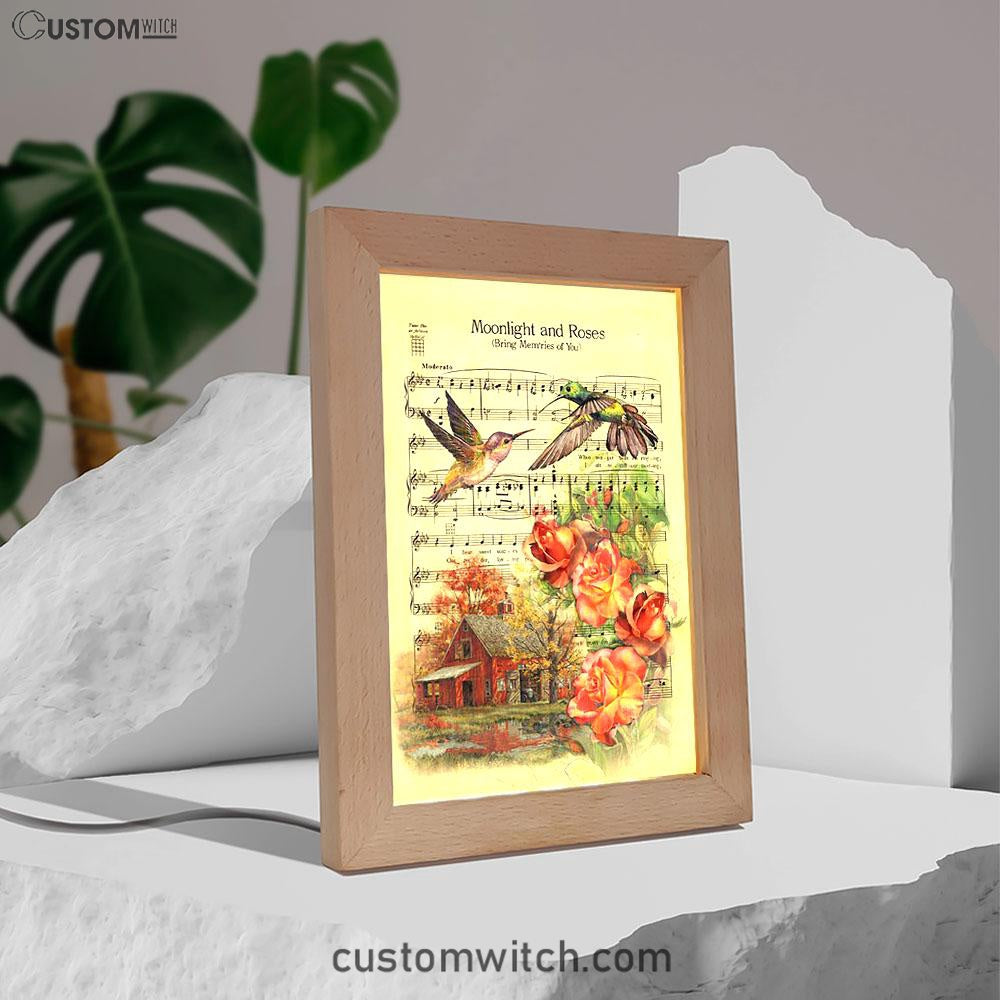 Moonlight And Roses Music Sheet Big Hummingbird Orange Rose Frame Lamp Art - Christian Night Light