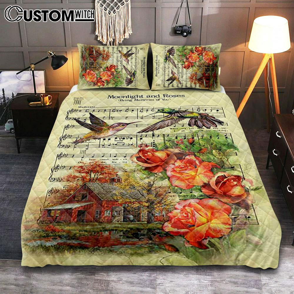 Moonlight And Roses Music Sheet Big Hummingbird Orange Rose Quilt Bedding Set Bedroom - Christian Quilt Bedding Set Prints