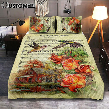 Moonlight And Roses Music Sheet Big Hummingbird Orange Rose Quilt Bedding Set Bedroom - Christian Quilt Bedding Set Prints