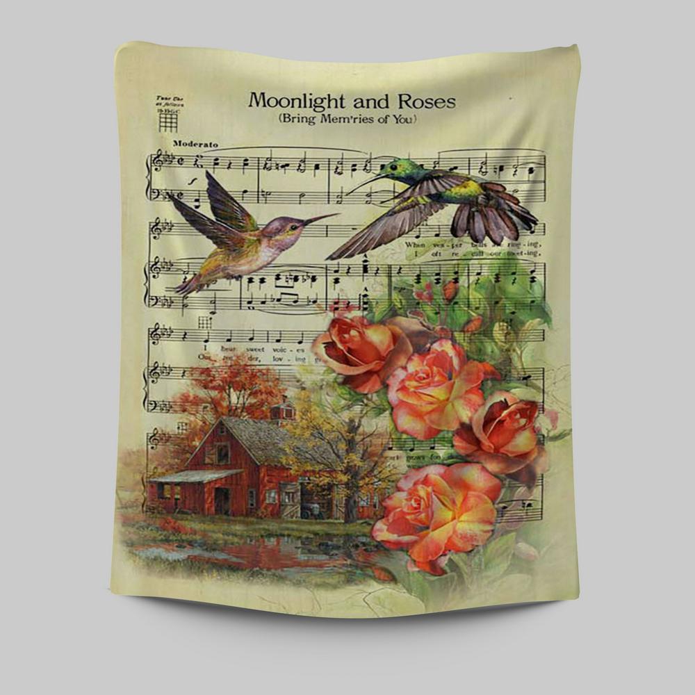 Moonlight And Roses Music Sheet Big Hummingbird Orange Rose Tapestry Wall Art - Christian Tapestries Prints