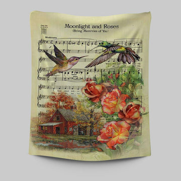 Moonlight And Roses Music Sheet Big Hummingbird Orange Rose Tapestry Wall Art - Christian Tapestries Prints