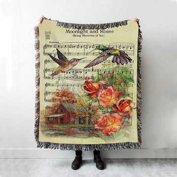 Moonlight And Roses Music Sheet Big Hummingbird Orange Rose Woven Throw Blanket - Christian Woven Blanket Prints