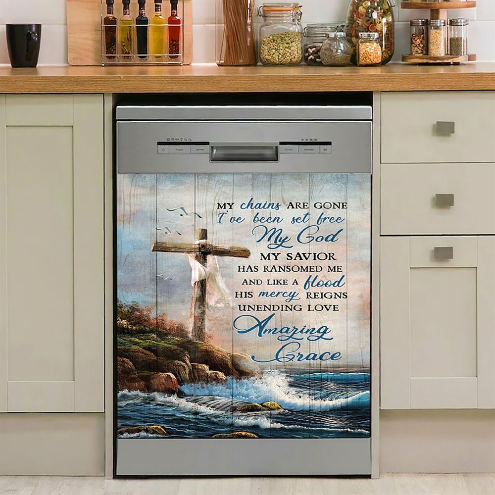 My Chains Are Gone God Cross Sea Dishwasher Cover, Inspirational Dishwasher Wrap, Christian Kitchen Decoration