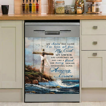 My Chains Are Gone God Cross Sea Dishwasher Cover, Inspirational Dishwasher Wrap, Christian Kitchen Decoration