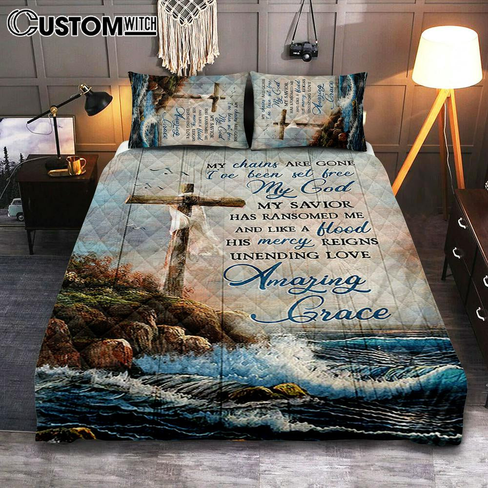 My Chains Are Gone God Cross Sea Quilt Bedding Set Print - Inspirational Quilt Bedding Set Art - Christian Bedroom Home Decor