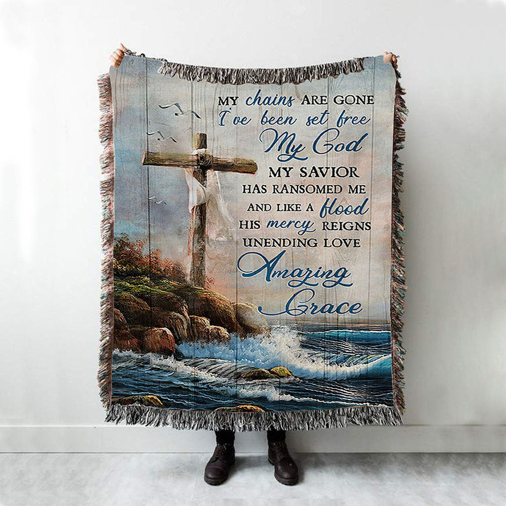 My Chains Are Gone God Cross Sea Woven Blanket Print - Inspirational Woven Blanket Art - Christian Throw Blanket Home Decor