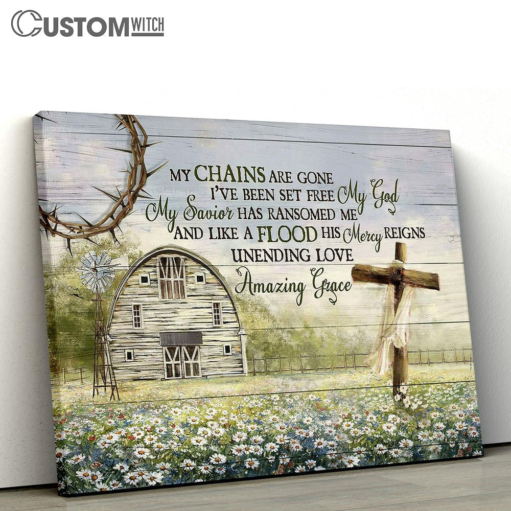 My Chains Are Gone I&#39;ve Been Set Free Daisy Wooden Cross Tranquil Farm Canvas Wall Art - Bible Verse Canvas - Religious Prints