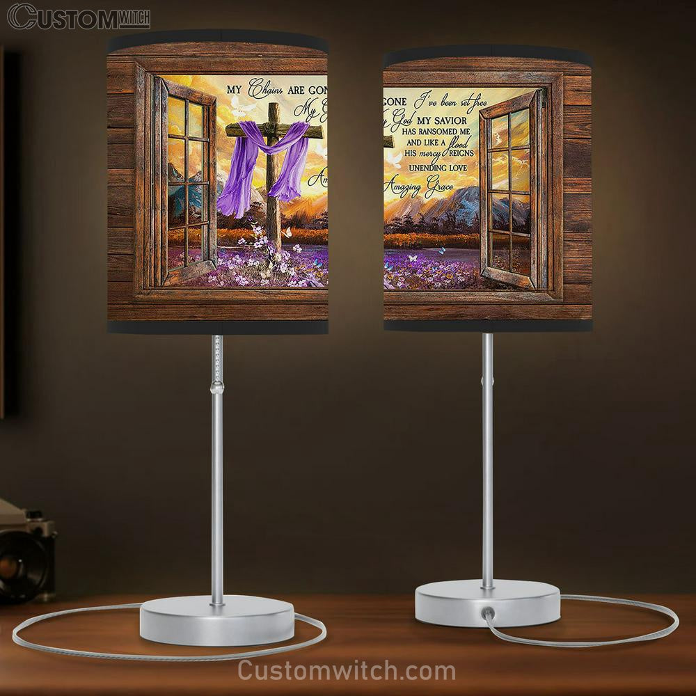 My Chains Are Gone Purple Flower Field Wooden Cross Butterfly Table Lamp Art - Christian Lamp Gift Decor - Bible Verse Table Lamp
